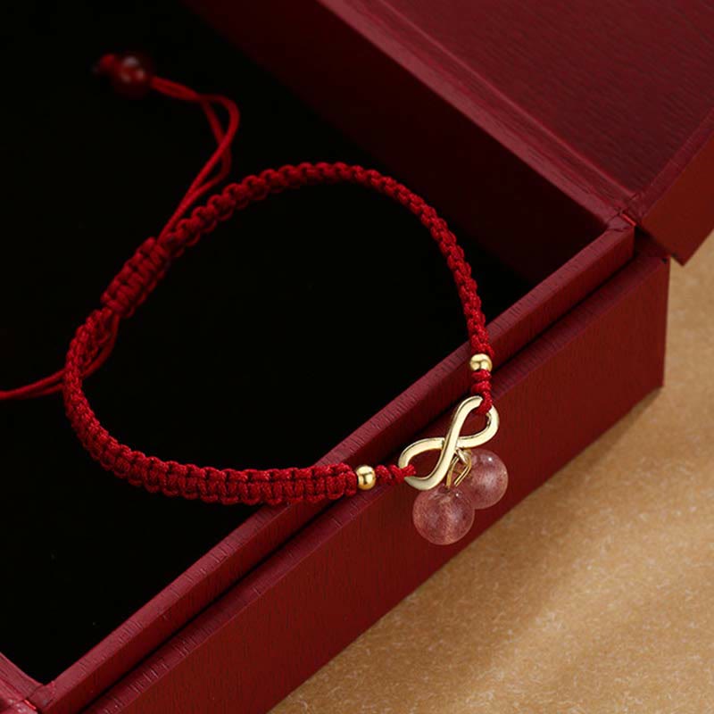 EverestArtstudios Strawberry Quartz Crystal Endless Knot Love Healing Red String Weave Bracelet