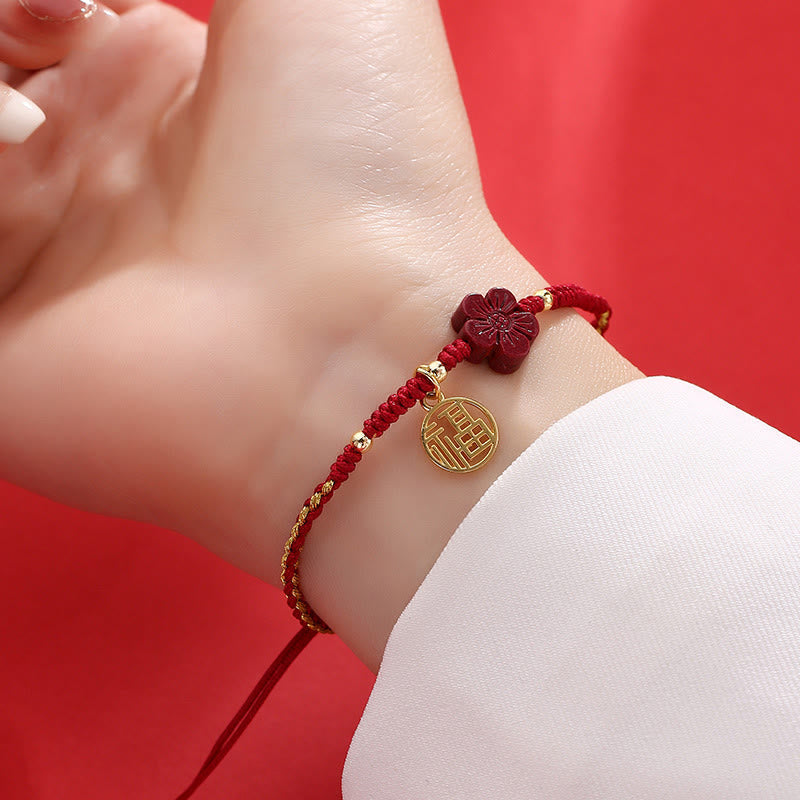 EverestArtstudios Cinnabar Flower Fu Character Blessing Braided String Bracelet