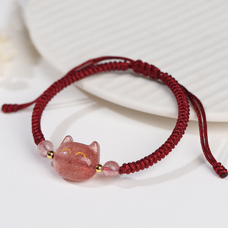 EverestArtstudios Handmade Natural Silver Sheen Obsidian Strawberry Quartz Cute Cat Protection Braided Bracelet