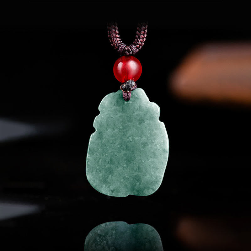 EverestArtstudios Natural Green Jade Nine Tailed Fox Engraved Prosperity Necklace Pendant