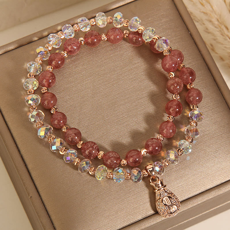 EverestArtStudios Strawberry Quartz White Crystal Money Bag Charm Positive Bracelet