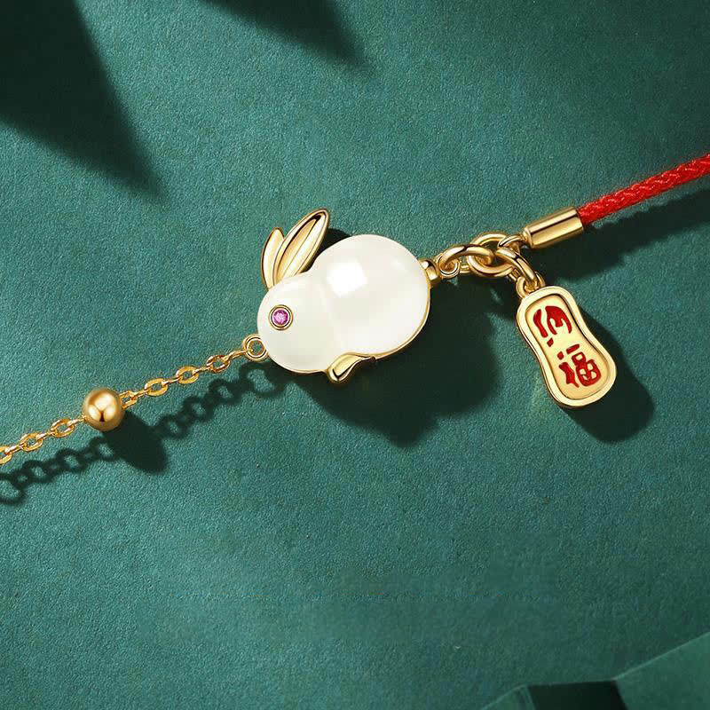 EverestArtstudios Year of the Rabbit White Jade Happiness Red String Chain Bracelet