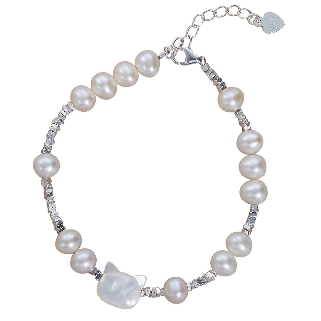 Buddha Stones Pearl Cat Head Tridacna Stone Silver Healing Bracelet