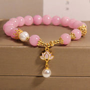 Buddha Stones Pink Quartzite Pearl Lotus Charm Harmony Bracelet