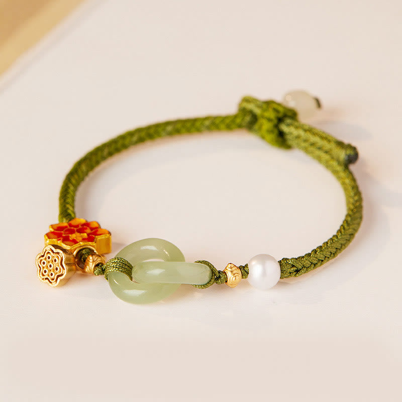 Pulsera de cordón trenzado con disco de jade Hetian y loto