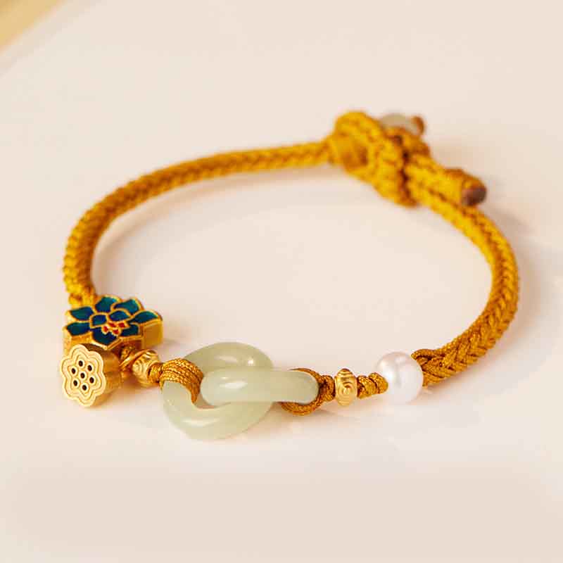 Pulsera de cordón trenzado con disco de jade Hetian y loto