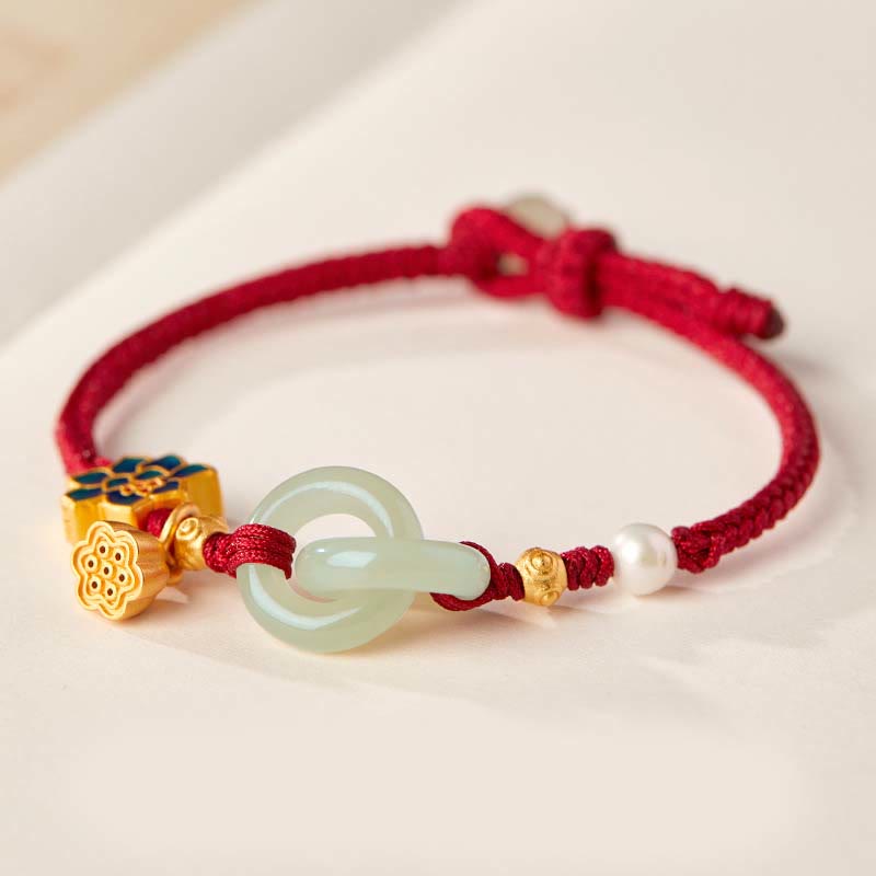 EverestArtstudios Hetian Jade Lotus Peace Buckle Braided Rope Fortune Bracelet