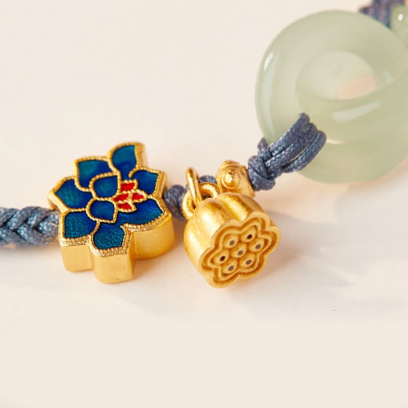 Pulsera de cordón trenzado con disco de jade Hetian y loto