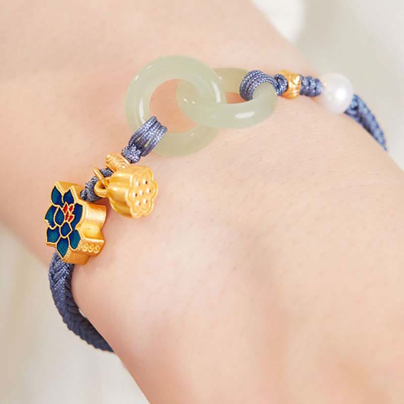 Pulsera de cordón trenzado con disco de jade Hetian y loto