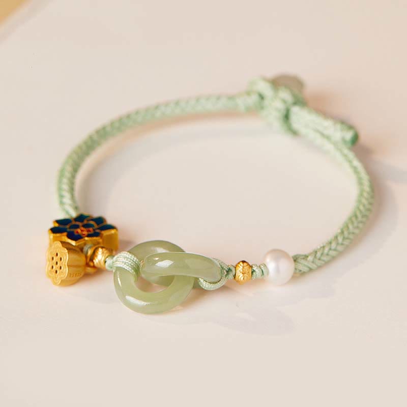 Pulsera de cordón trenzado con disco de jade Hetian y loto