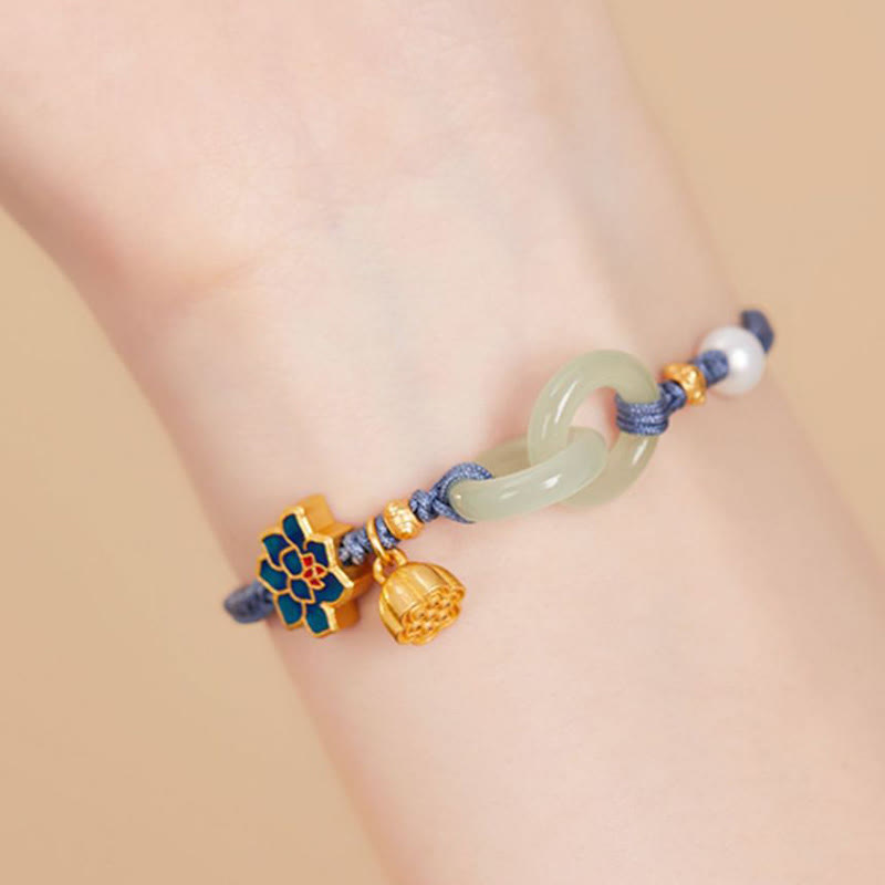 Pulsera de cordón trenzado con disco de jade Hetian y loto