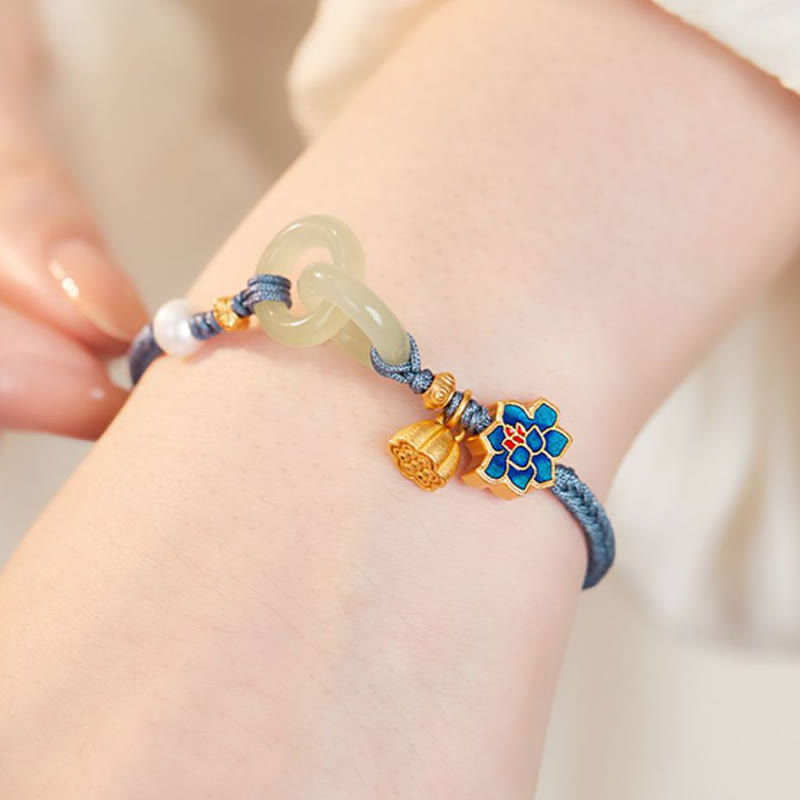 Pulsera de cordón trenzado con disco de jade Hetian y loto
