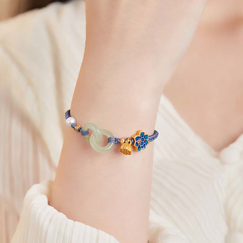 Pulsera de cordón trenzado con disco de jade Hetian y loto