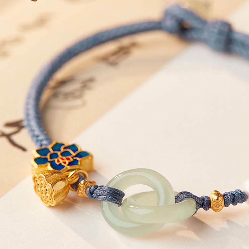 Pulsera de cordón trenzado con disco de jade Hetian y loto