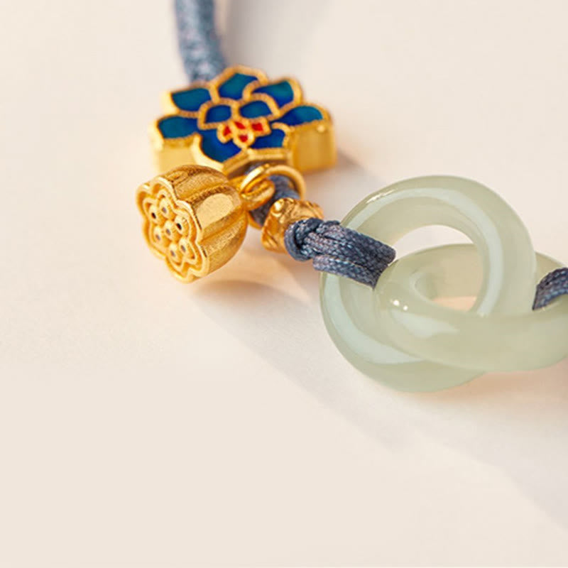 Pulsera de cordón trenzado con disco de jade Hetian y loto
