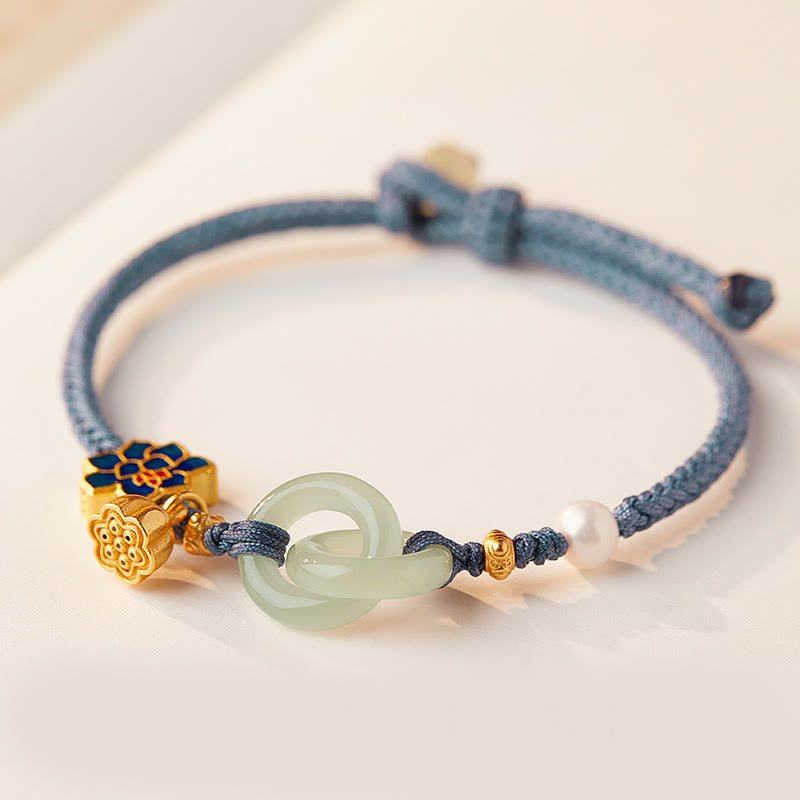 Pulsera de cordón trenzado con disco de jade Hetian y loto