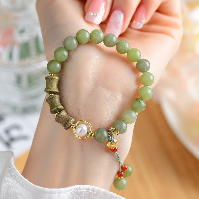 EverestArtstudios Jade Sandalwood Bamboo Pearl Prosperity Bracelet