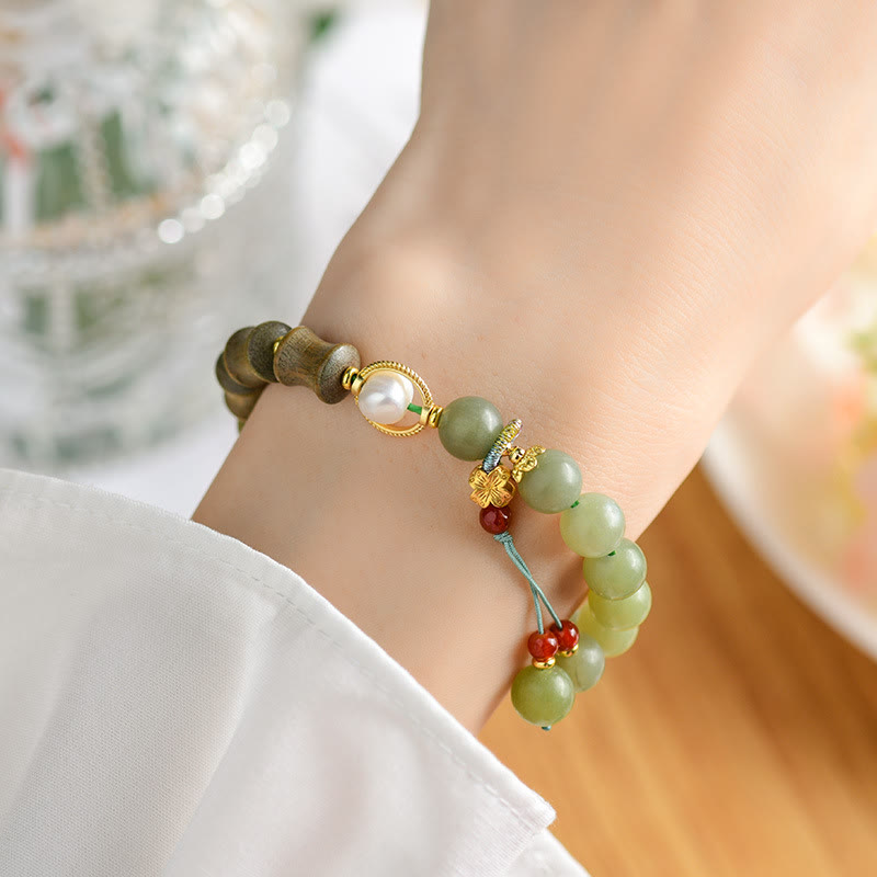 EverestArtstudios Jade Sandalwood Bamboo Pearl Prosperity Bracelet
