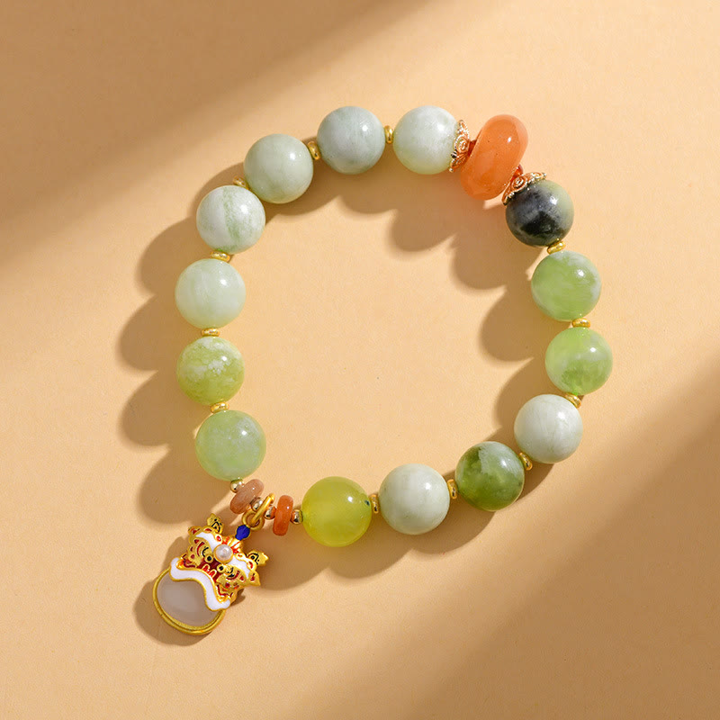 EverestArtstudios Natural Jade Dancing Lion Charm Prosperity Luck Bracelet