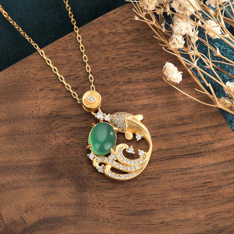 EverestArtstudios Green Chalcedony Koi Fish Strength Necklace Pendant