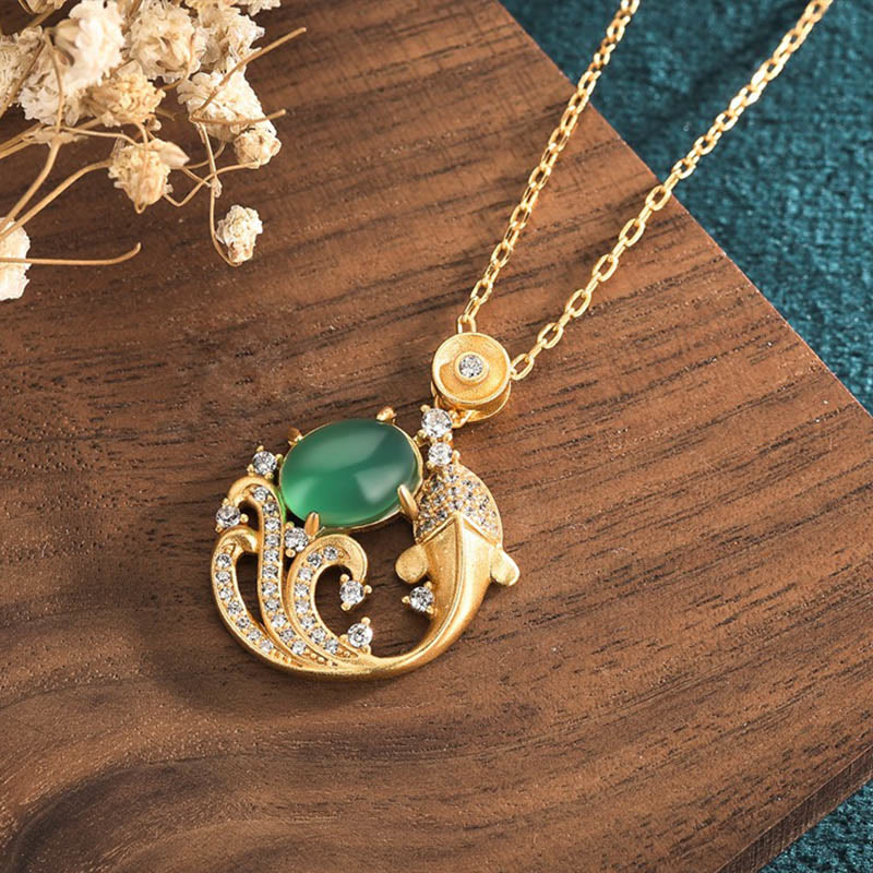 EverestArtstudios Green Chalcedony Koi Fish Strength Necklace Pendant