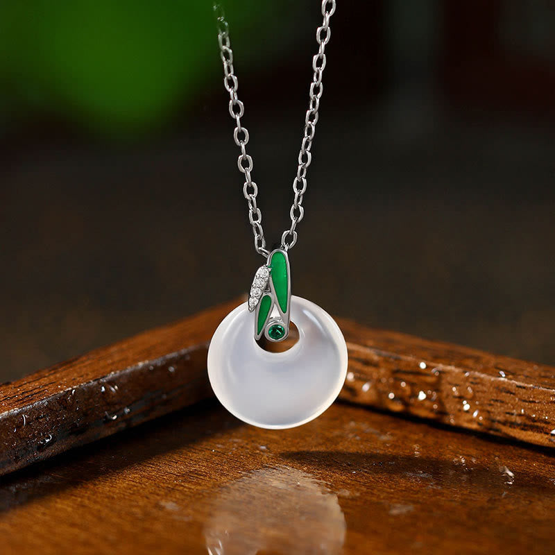 EverestArtstudios Natural Chalcedony Bamboo Leaf Peace Buckle Wealth Necklace Pendant