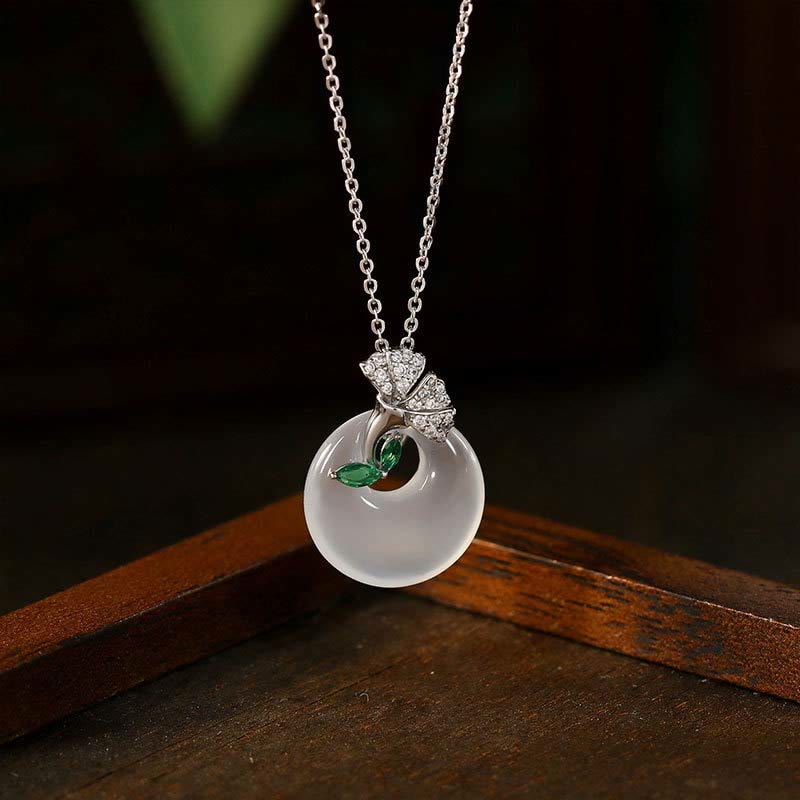 EverestArtstudios Natural Chalcedony Ginkgo Leaf Peace Buckle Harmony Necklace Pendant