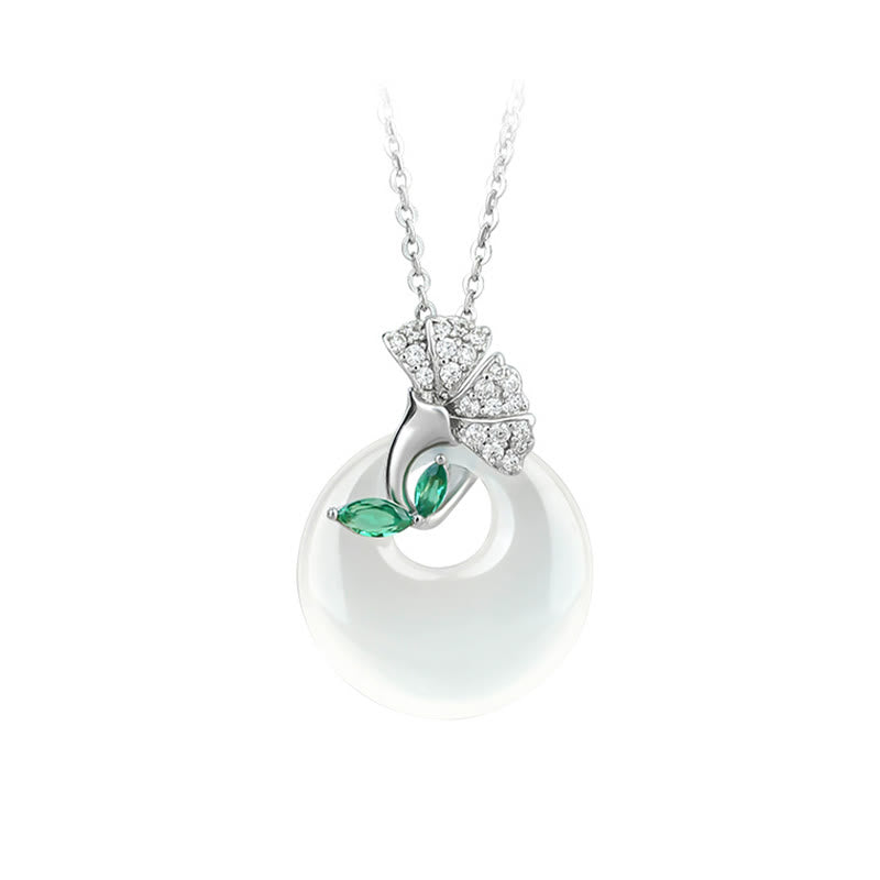 EverestArtstudios Natural Chalcedony Ginkgo Leaf Peace Buckle Harmony Necklace Pendant