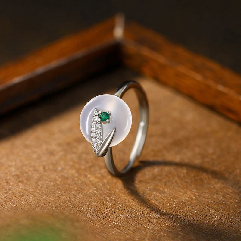 EverestArtstudios Chalcedony Bamboo Leaf Pattern Positive Adjustable Ring