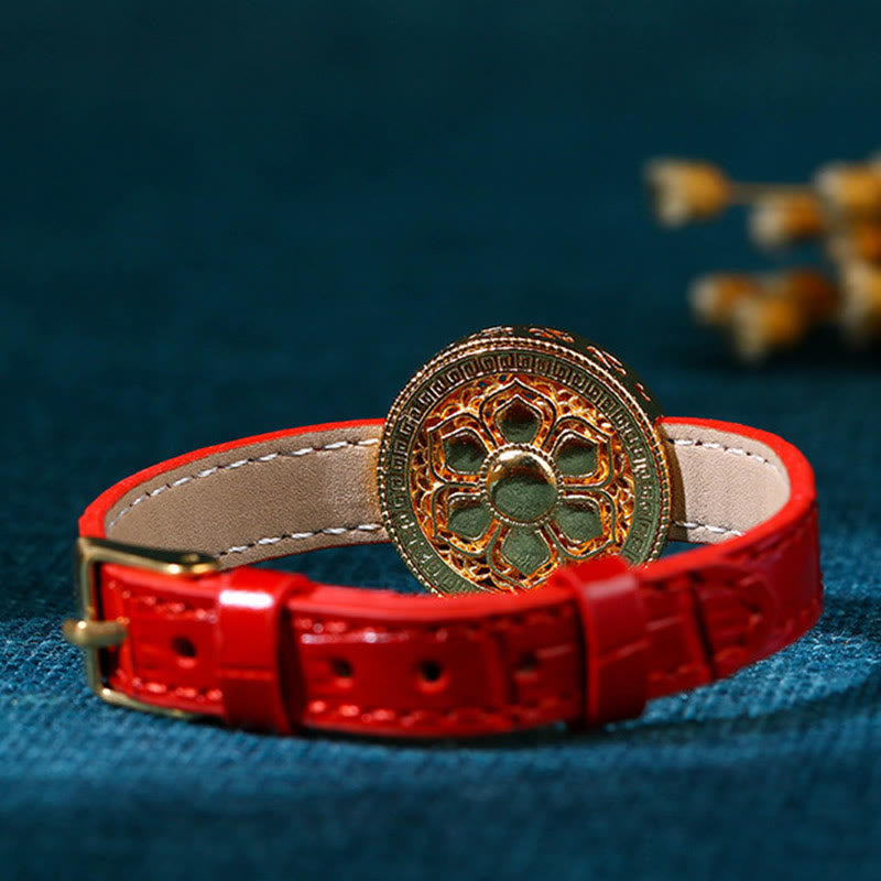 EverestArtstudios Six True Words Eight Treasures Compass Jade 24K Gold Plated Luck Leather Bracelet