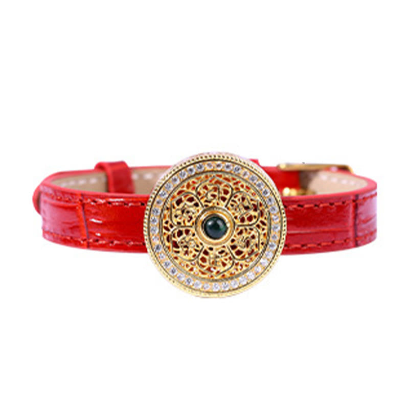 EverestArtstudios Six True Words Eight Treasures Compass Jade 24K Gold Plated Luck Leather Bracelet
