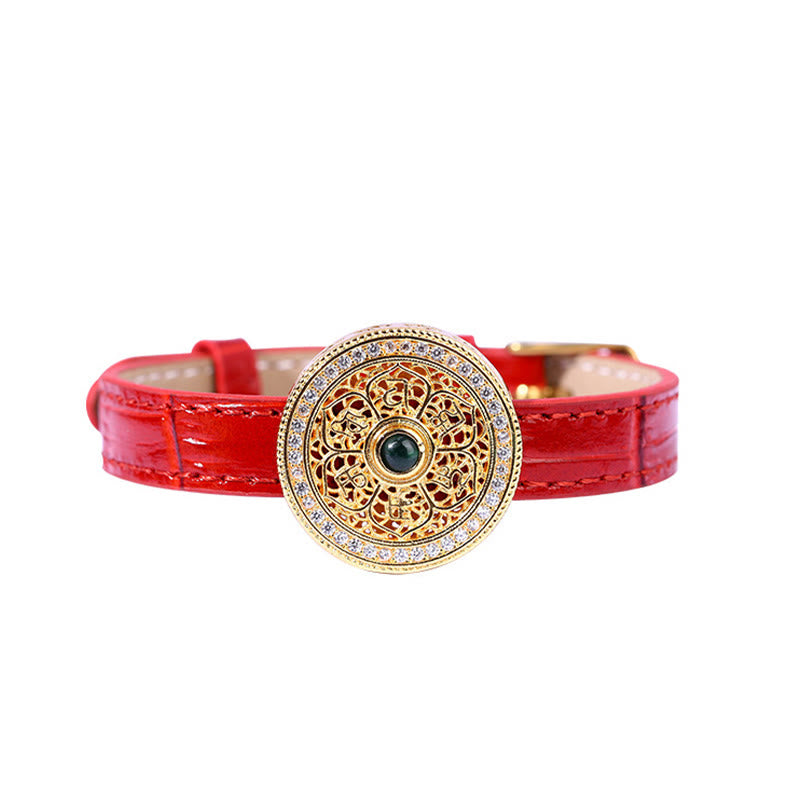 EverestArtstudios Six True Words Eight Treasures Compass Jade 24K Gold Plated Luck Leather Bracelet