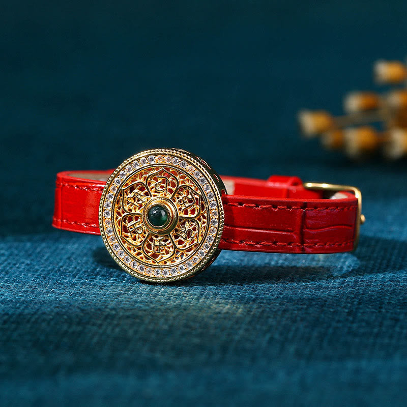 EverestArtstudios Six True Words Eight Treasures Compass Jade 24K Gold Plated Luck Leather Bracelet