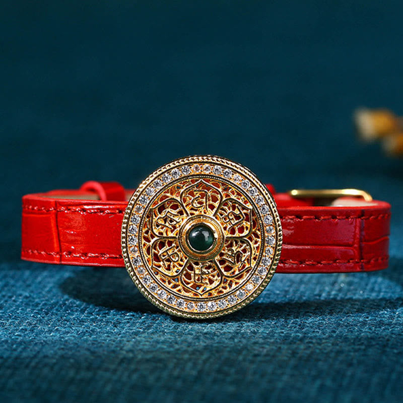 EverestArtstudios Six True Words Eight Treasures Compass Jade 24K Gold Plated Luck Leather Bracelet