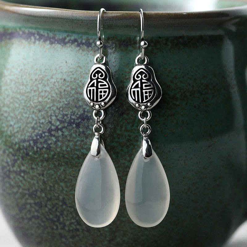 EverestArtstudios 925 Sterling Silver Posts Natural Chalcedony Fu Character Positive Harmony Earrings