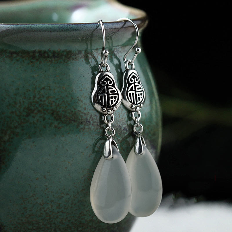 EverestArtstudios 925 Sterling Silver Posts Natural Chalcedony Fu Character Positive Harmony Earrings