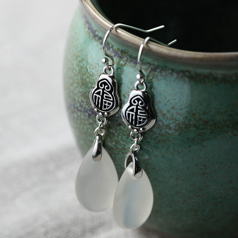 EverestArtstudios 925 Sterling Silver Posts Natural Chalcedony Fu Character Positive Harmony Earrings