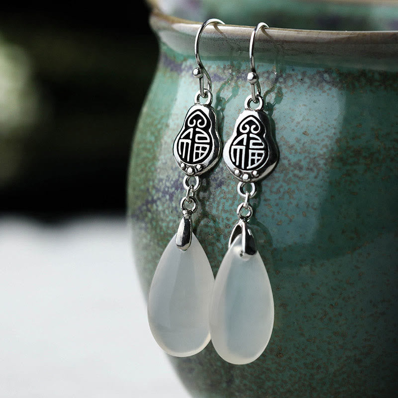 EverestArtstudios 925 Sterling Silver Posts Natural Chalcedony Fu Character Positive Harmony Earrings