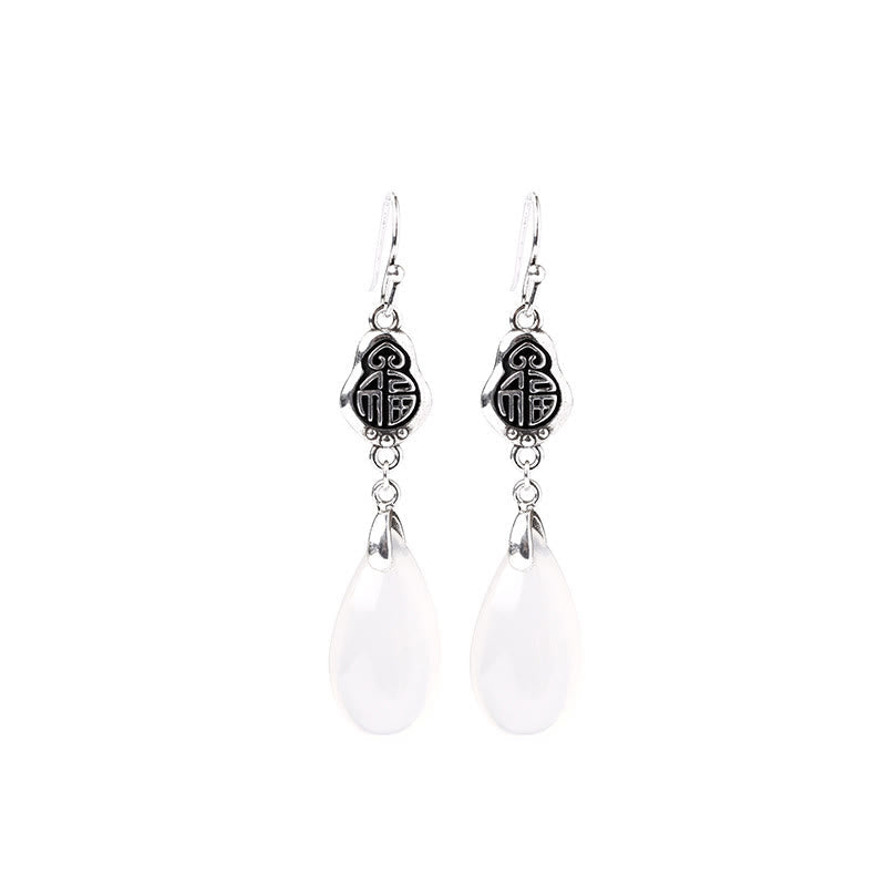 EverestArtstudios 925 Sterling Silver Posts Natural Chalcedony Fu Character Positive Harmony Earrings