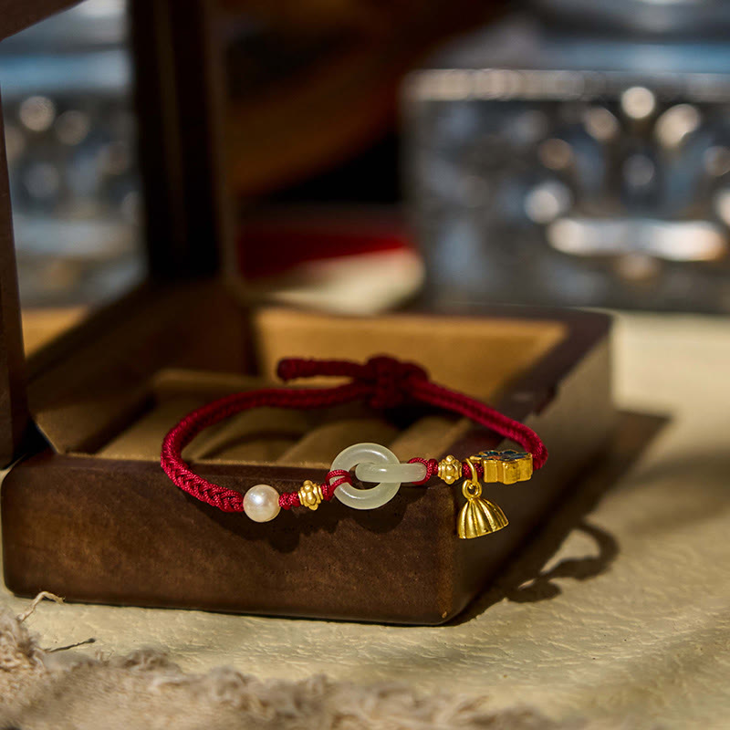 Pulsera de cordón trenzado con disco de jade Hetian y loto