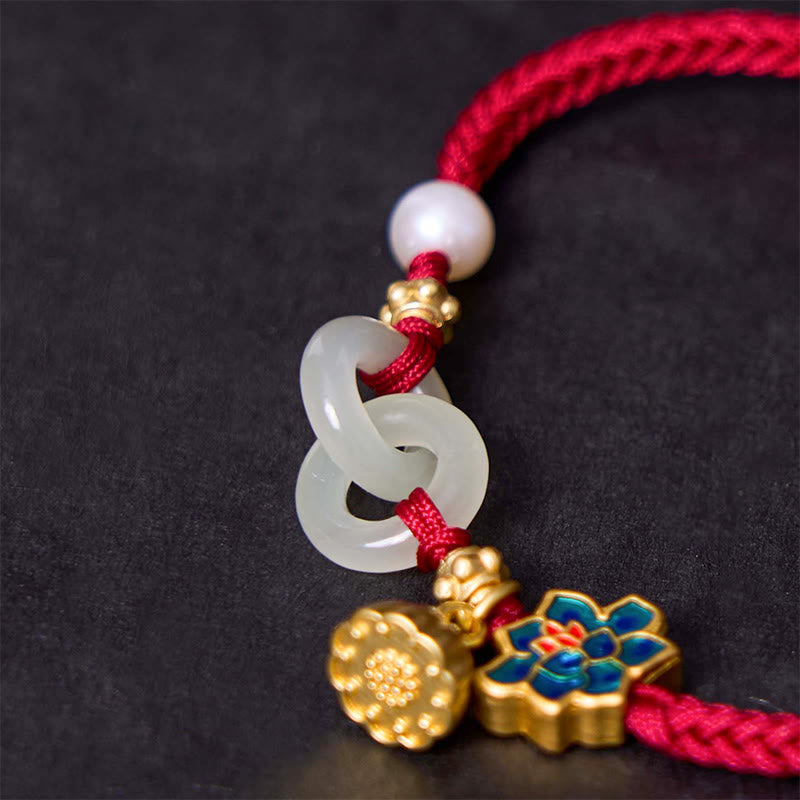 Pulsera de cordón trenzado con disco de jade Hetian y loto