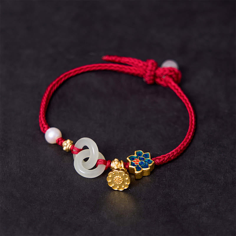 EverestArtstudios Hetian Jade Lotus Peace Buckle Braided Rope Fortune Bracelet
