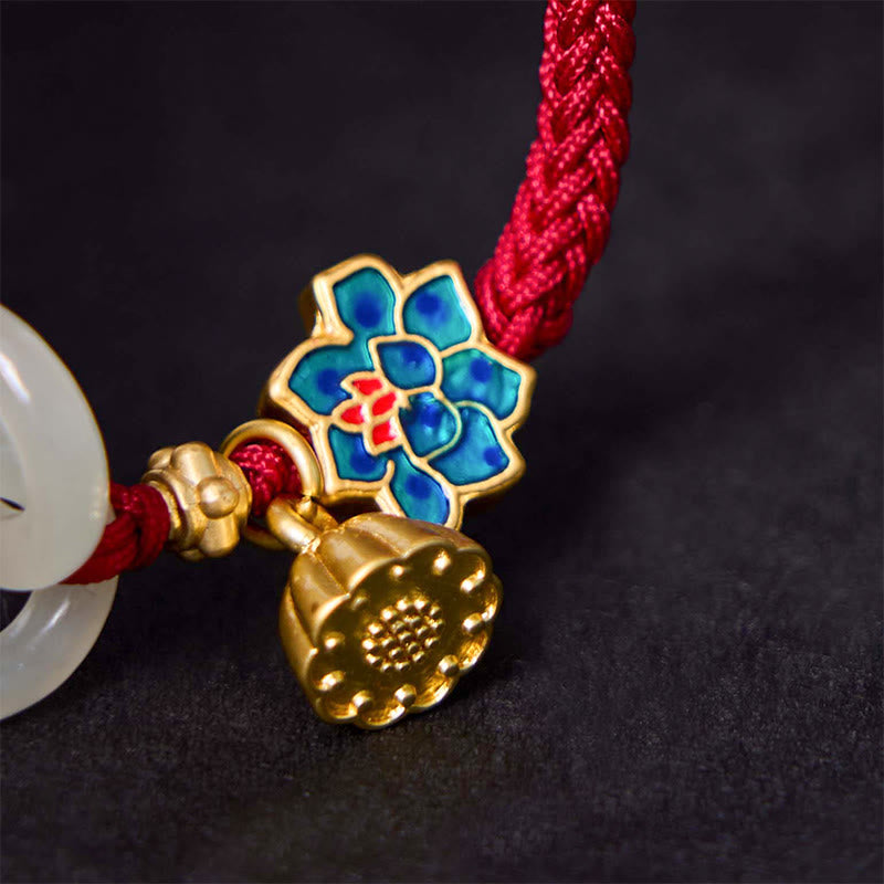 Pulsera de cordón trenzado con disco de jade Hetian y loto