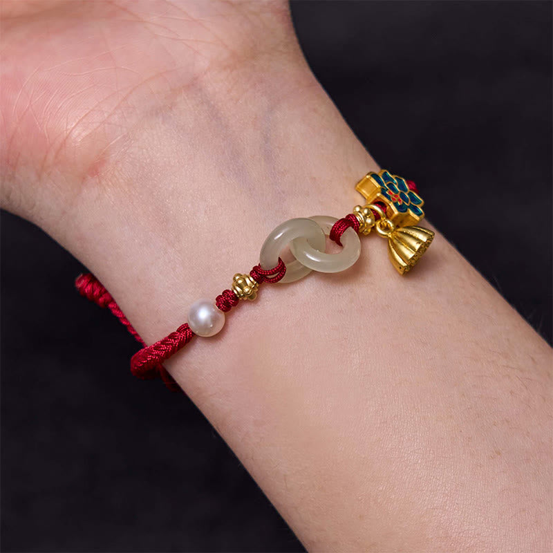 Pulsera de cordón trenzado con disco de jade Hetian y loto