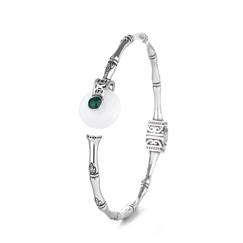 EverestArtstudios White Jade Peace Buckle Bamboo Design Luck Copper Cuff Bracelet Bangle
