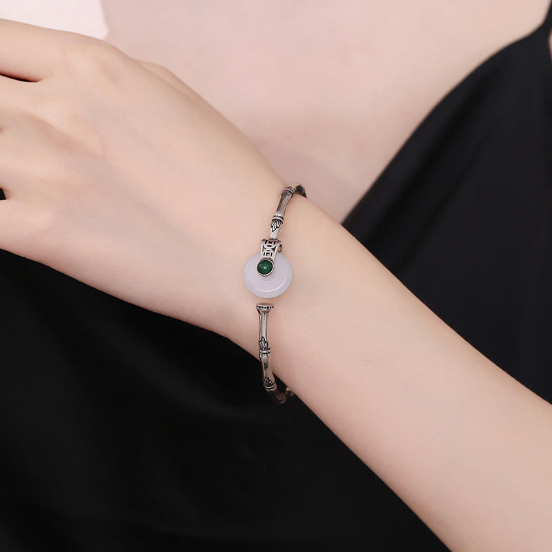 EverestArtstudios White Jade Peace Buckle Bamboo Design Luck Copper Cuff Bracelet Bangle