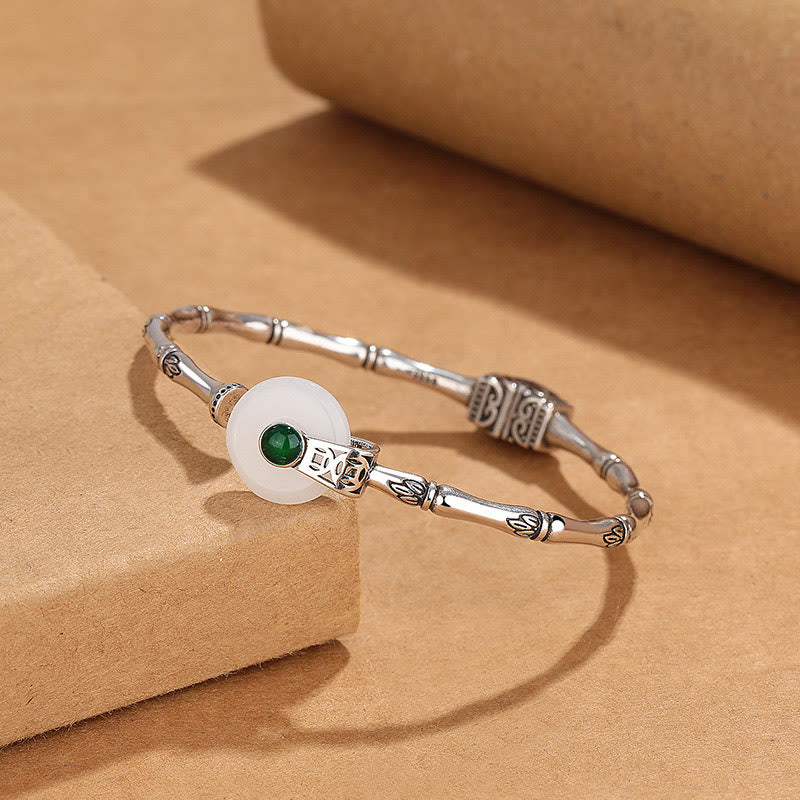 EverestArtstudios White Jade Peace Buckle Bamboo Design Luck Copper Cuff Bracelet Bangle
