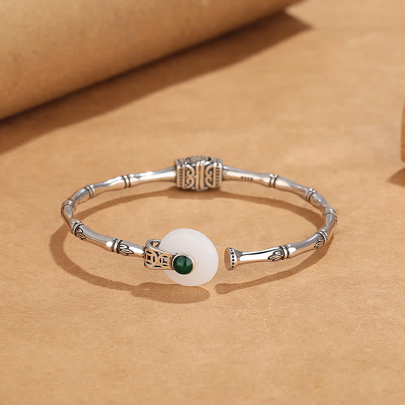 EverestArtstudios White Jade Peace Buckle Bamboo Design Luck Copper Cuff Bracelet Bangle
