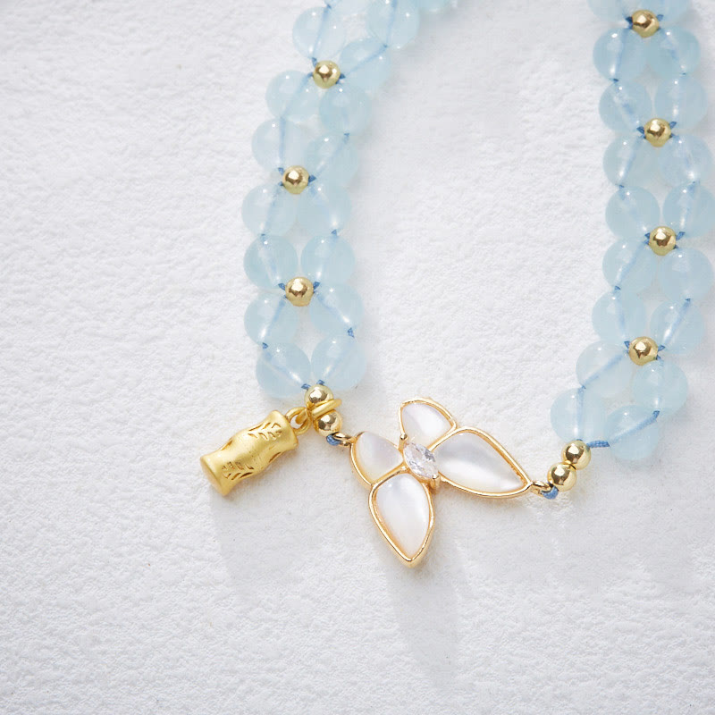 Buddha Stones Natural Aquamarine Amethyst Moonstone Butterfly Bamboo Healing Bracelet