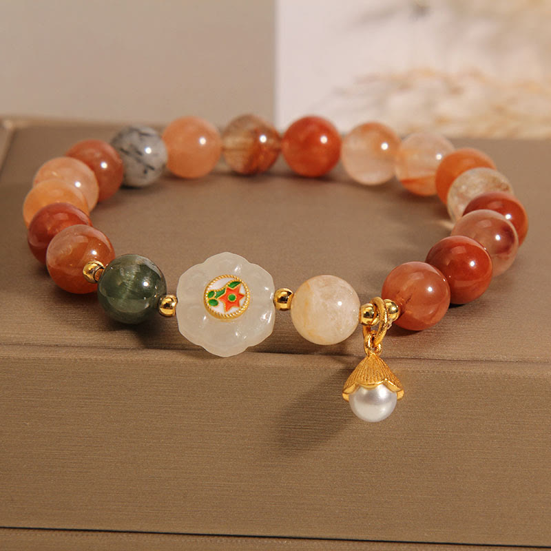 EverestArtstudios Natural Fu Lu Shou Crystal Hetian White Jade Pearl Luck Bracelet